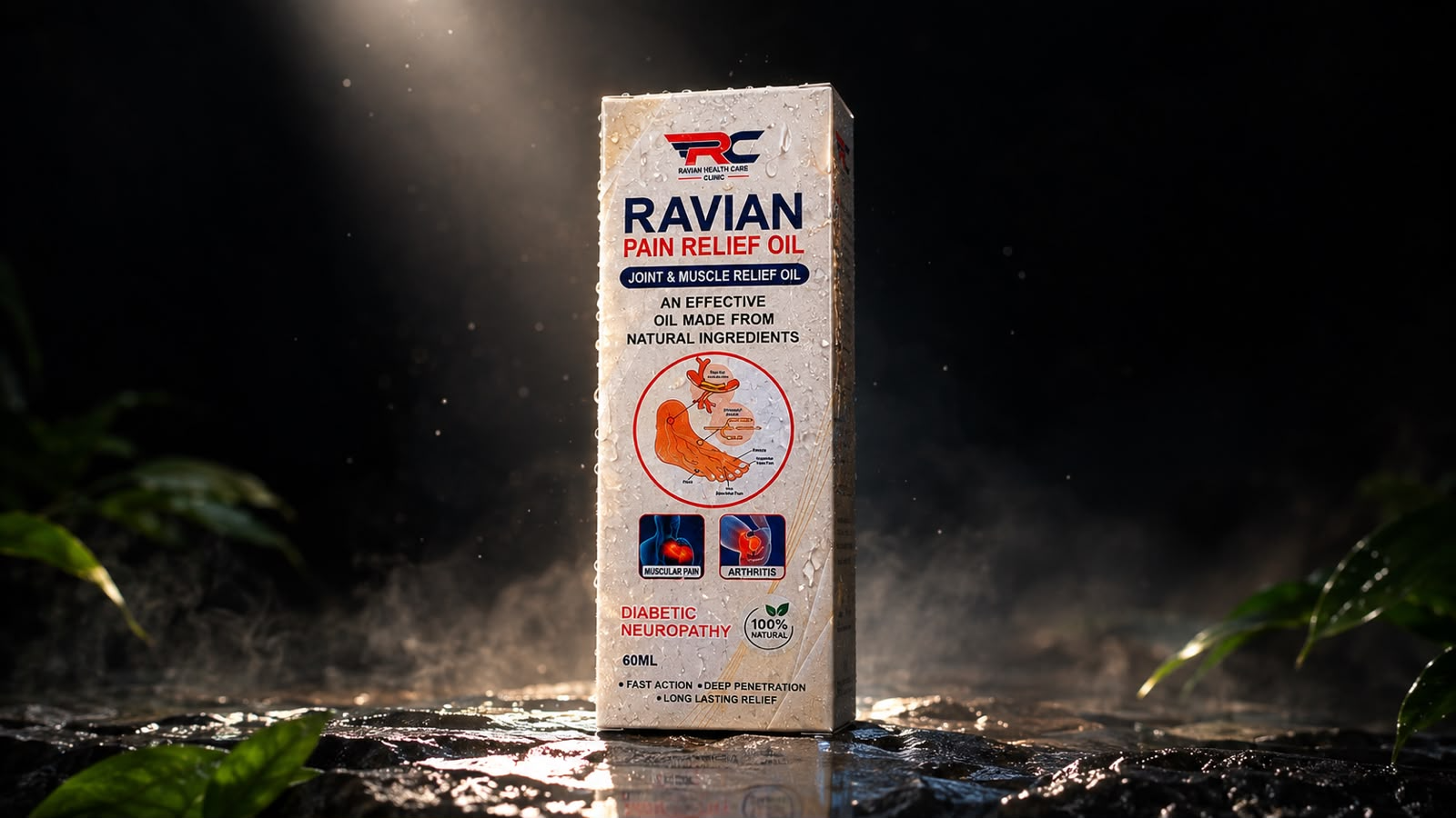 Ravian Pain Relief Oil box in a studio setting